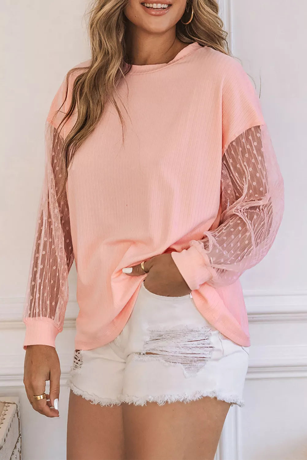 Pink Polka Dot Mesh Patchwork Long Sleeve Top