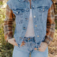 Sky Blue Medium Wash Plaid Sleeves Denim Jacket