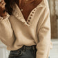Khaki Frill Trim Buttoned Knit Pullover Sweater