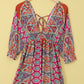 Red V Neck 3/4 Sleeve Bohemian Vintage Print Mini Dress