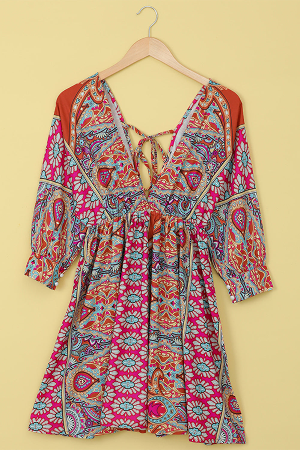 Red V Neck 3/4 Sleeve Bohemian Vintage Print Mini Dress