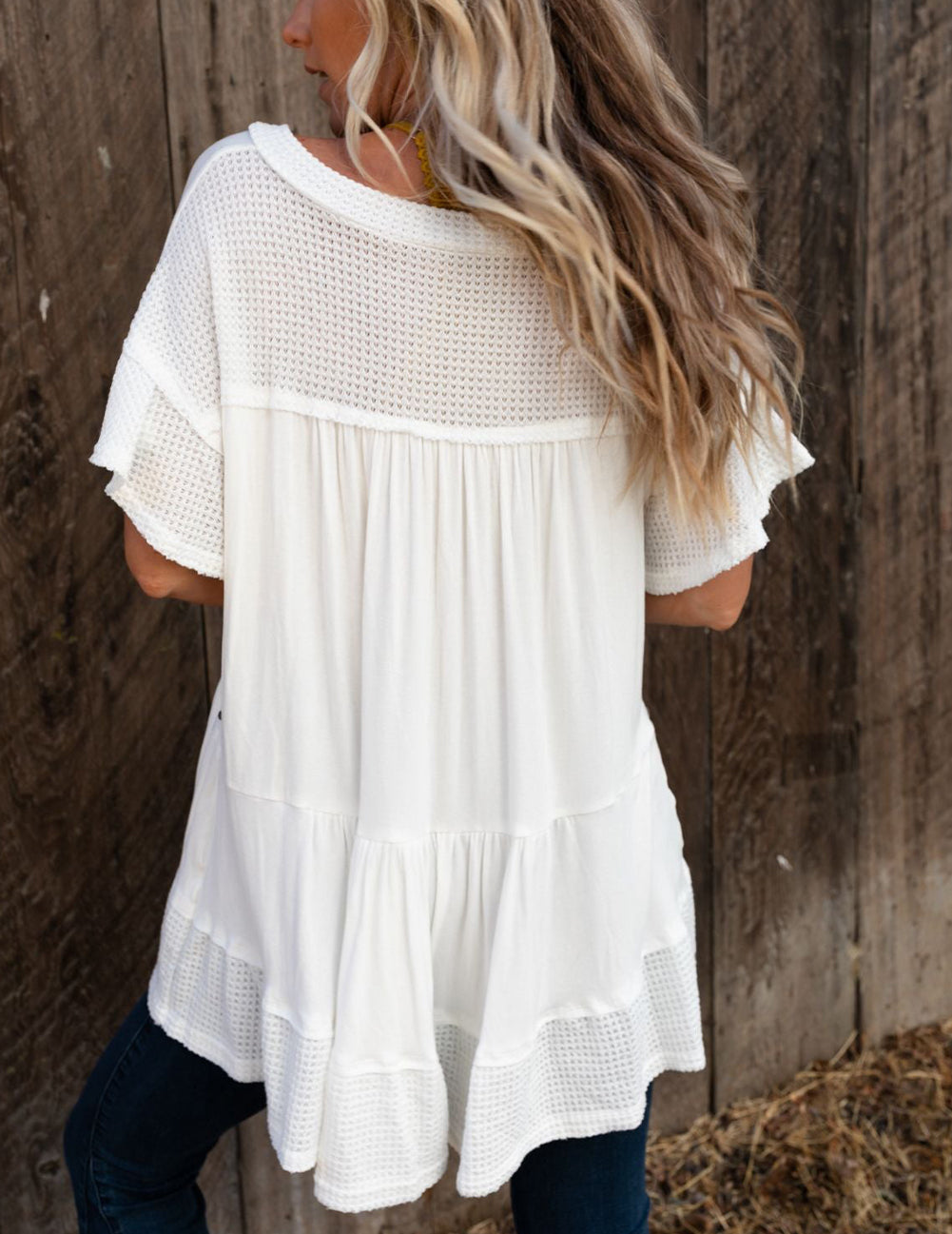 White Contrast Knit Splicing V Neck Studded Blouse