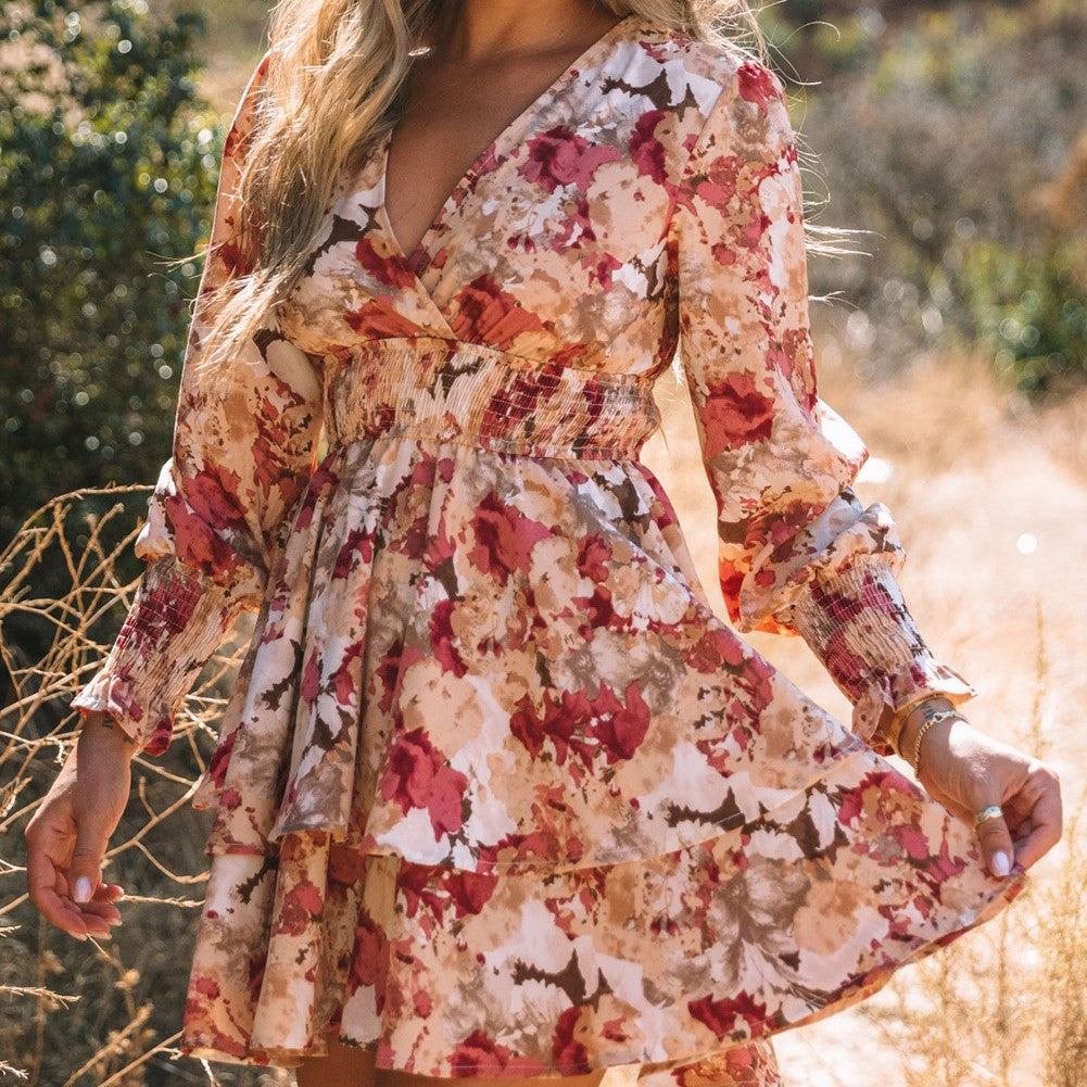 Floral Print V Neck Wrap Tiered Dress