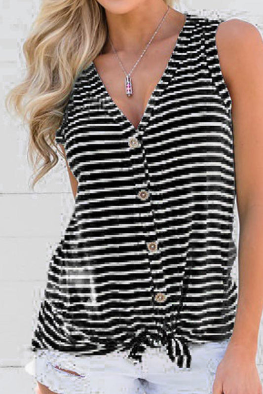 Stripe Print V Neck Buttoned Tie Knot Tank