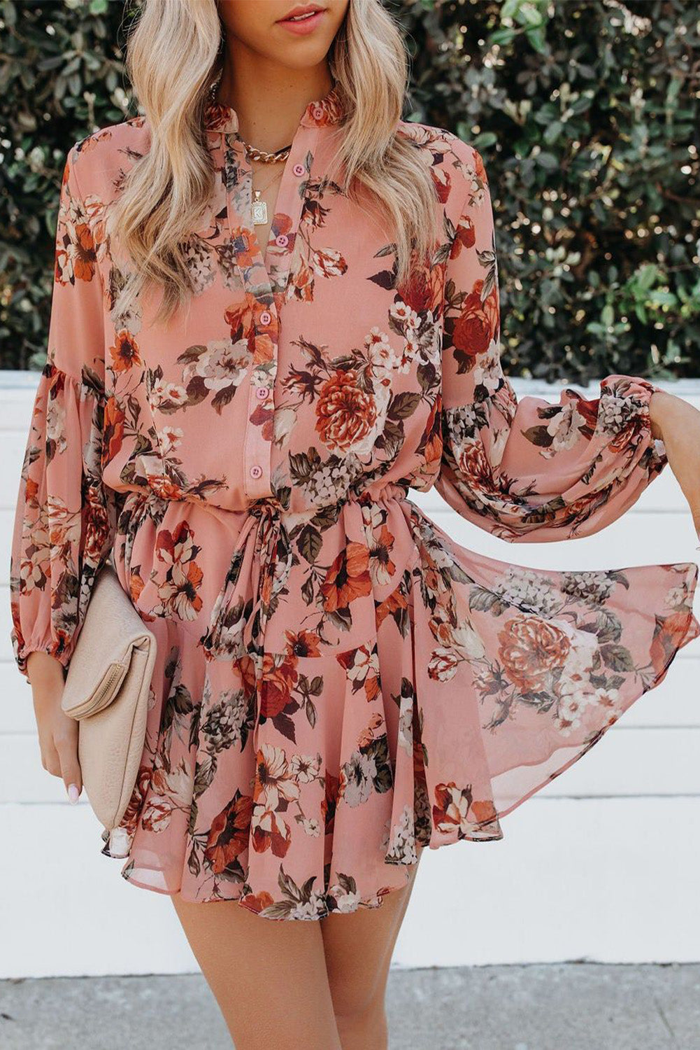 Vintage Floral Print Drawstring Flowy Dress