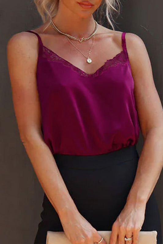 Lace Crochet V Neck Spaghetti Strap Satin Tank Top