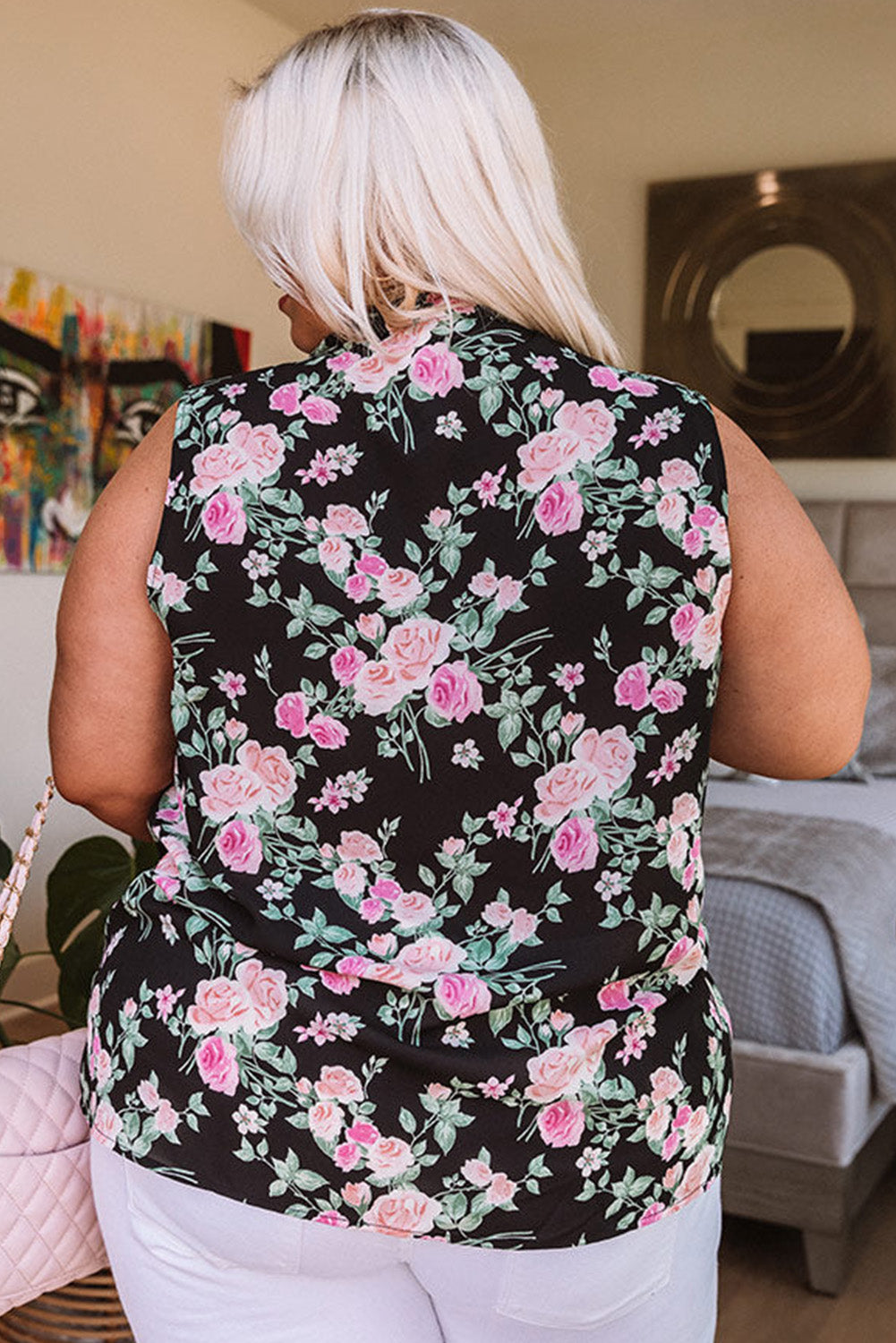 Black Plus Size Floral Print Ribbon V Neck Tank Top