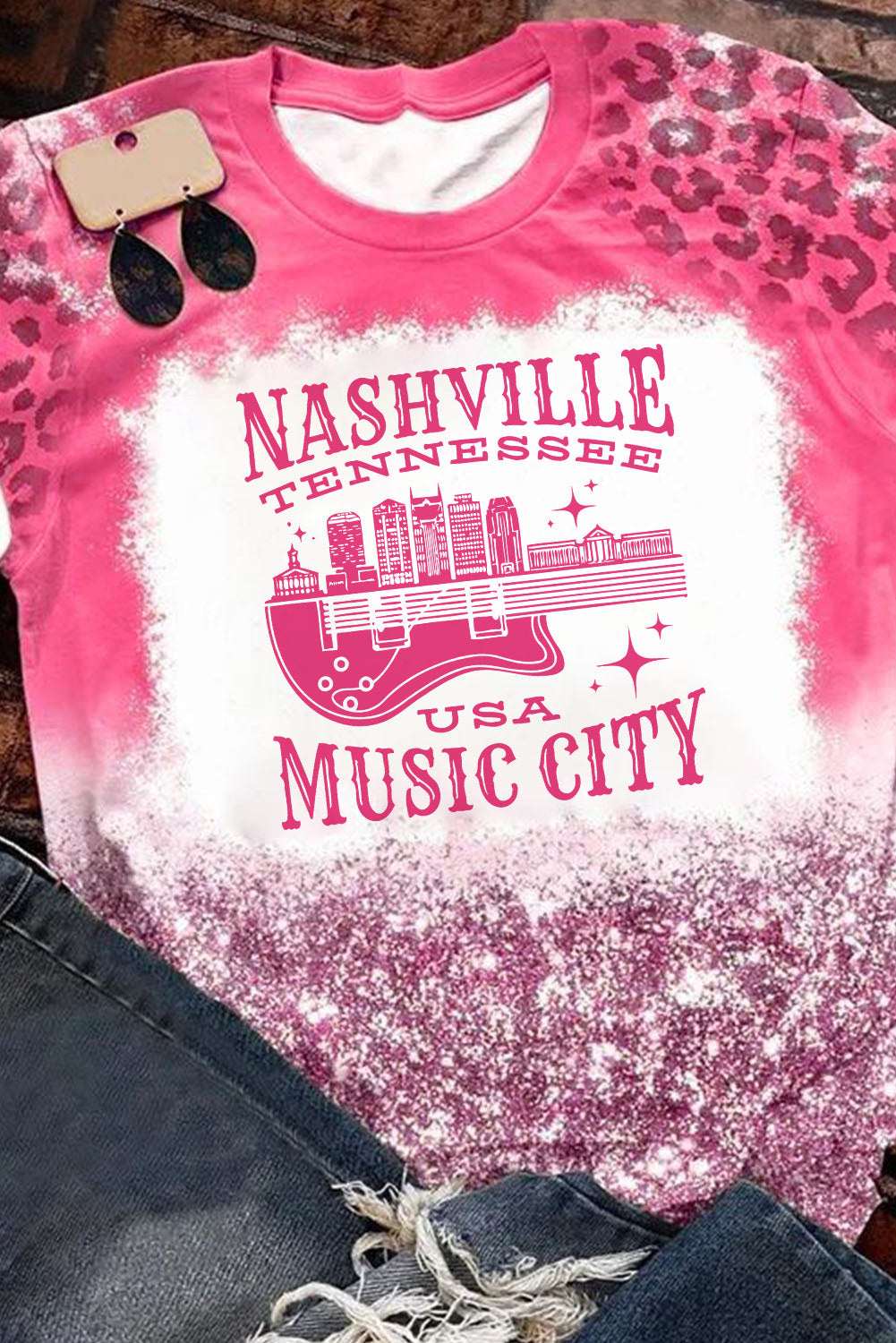 Pink MUSIC CITY Nashville Leopard Bleach Graphic Tee