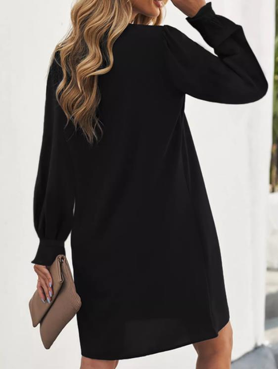 Black Split V Neck Ruffled Sleeves Shirt Dress