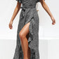 Black Boho Floral Print Belted Wrap Slit Maxi Dress