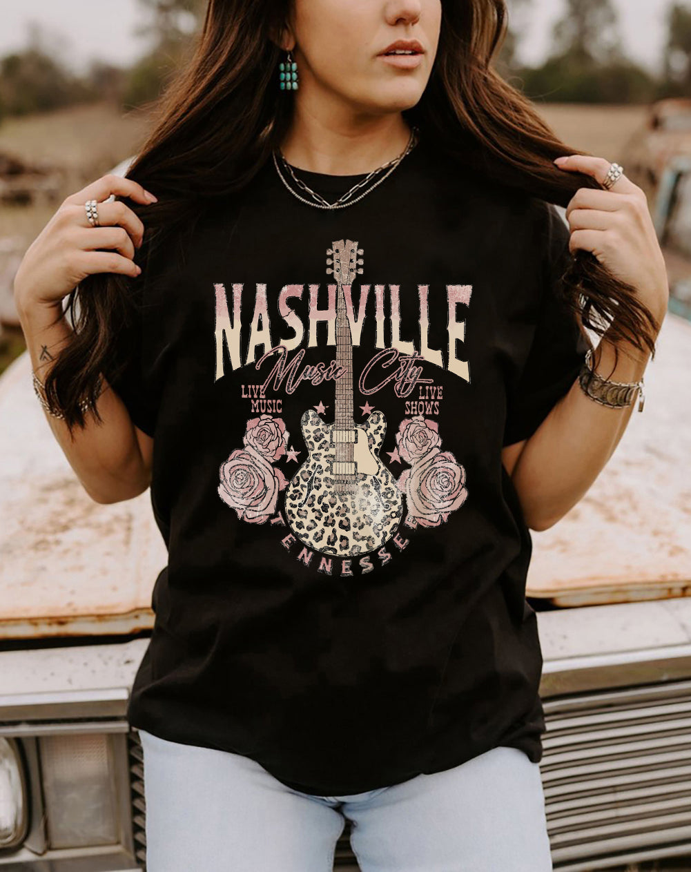 Nashville Leopard Guitar Rose Print Short Sleeve T Shirt