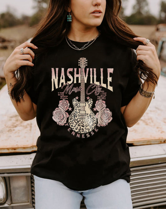 Nashville Leopard Guitar Rose Print Short Sleeve T Shirt