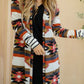 Geometric Color Block Open Front Long Cardigan