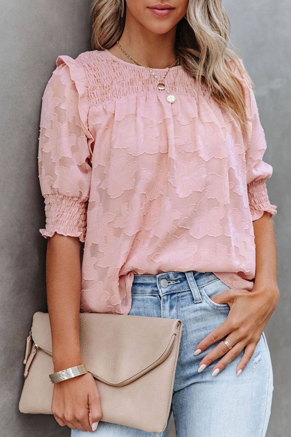 Pink Smocked Jacquard Textured Blouse