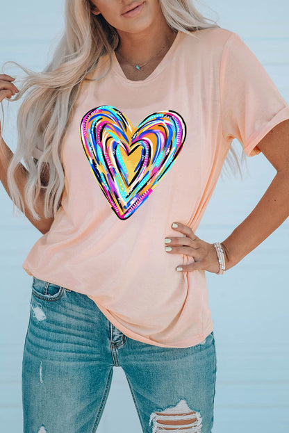 Pink Heart Print Short Sleeve Top