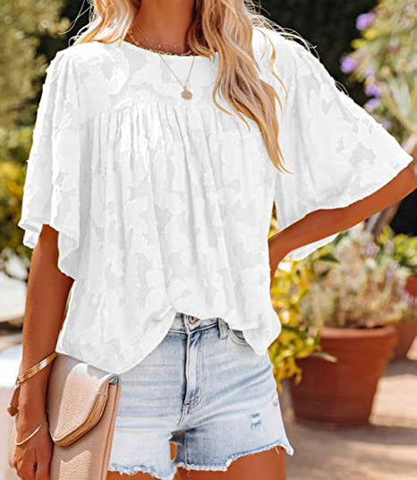 Paneled Lace Floral Flared-Sleeve Chiffon Top