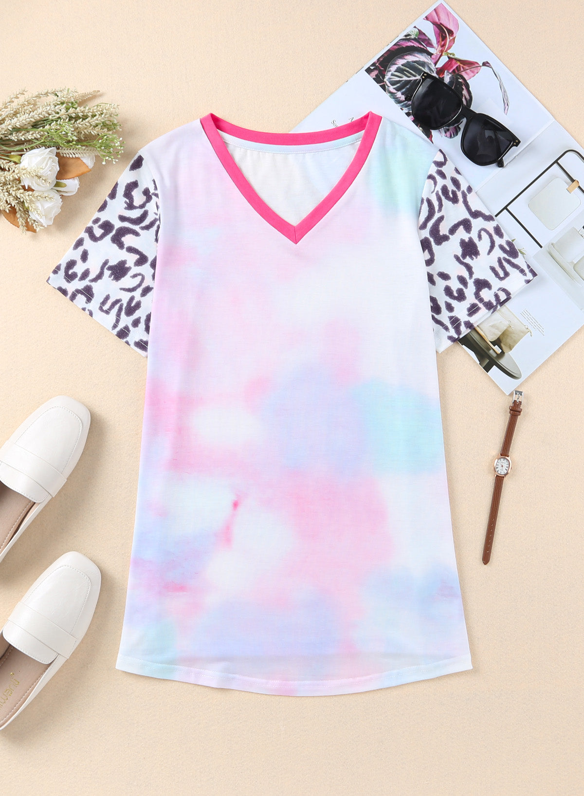 Leopard Sleeve Contrast V Neck Tie-dye Tee