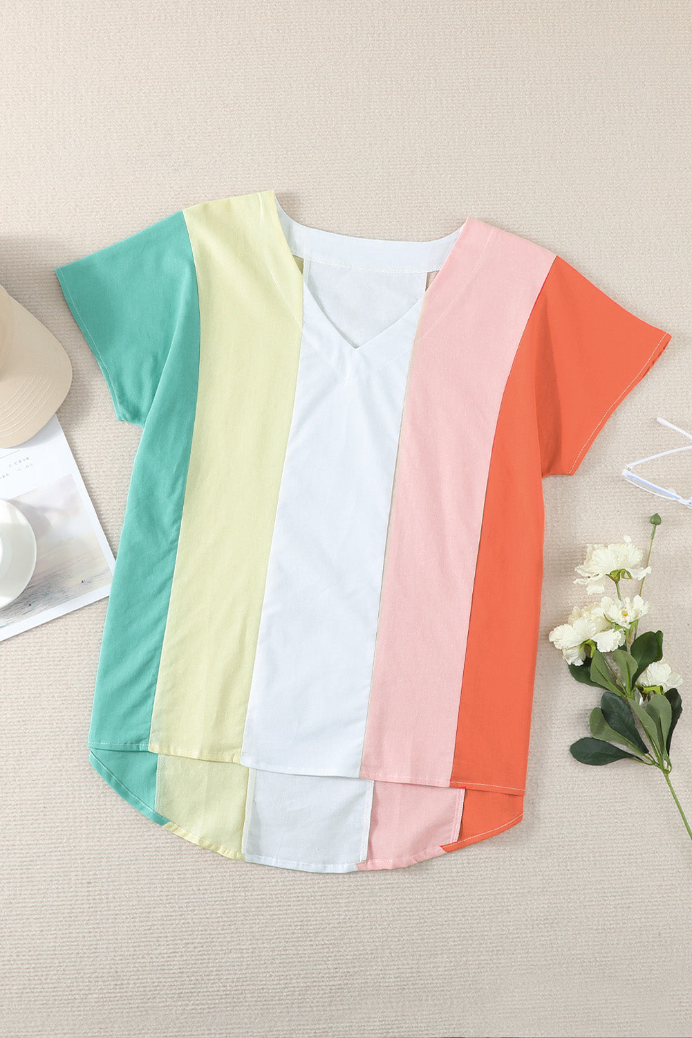 Green Colorblock V Neck Short Sleeve Top