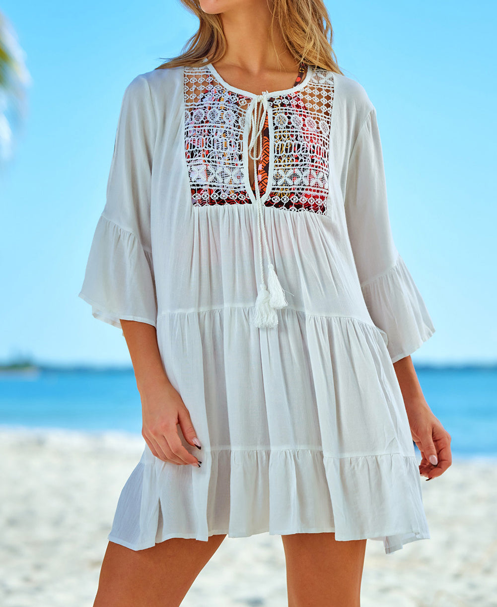 White Crochet Lace Panel Tie V Neck Beach Cover-up