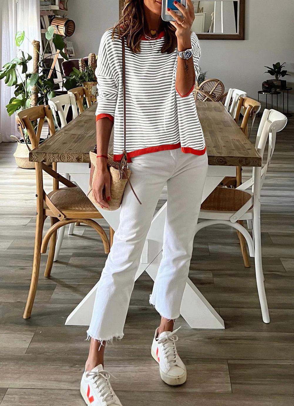 Contrast Trimmed Striped Drop Shoulder Sweater