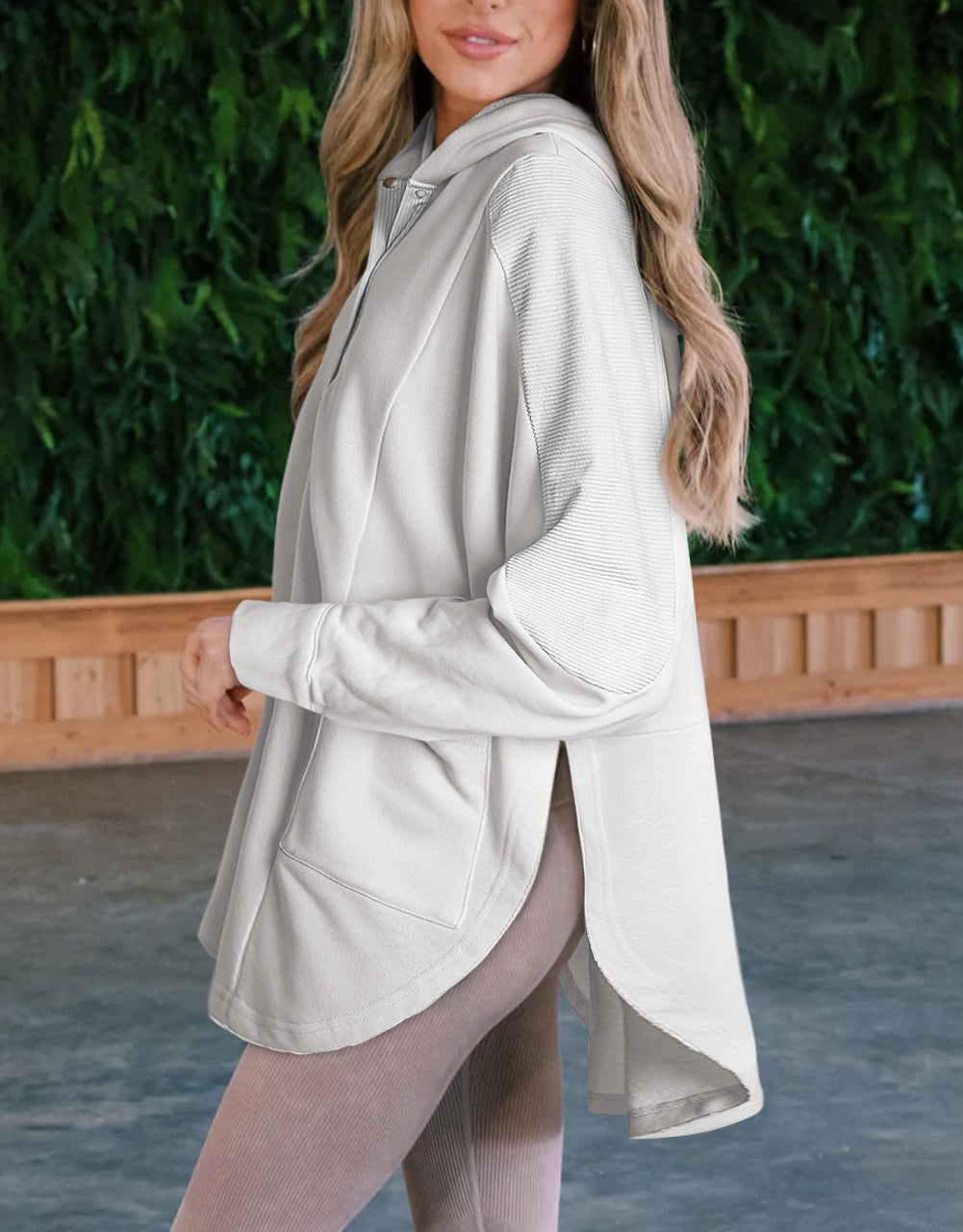 Patchwork Side Pockets Oversized Henley Hoodie