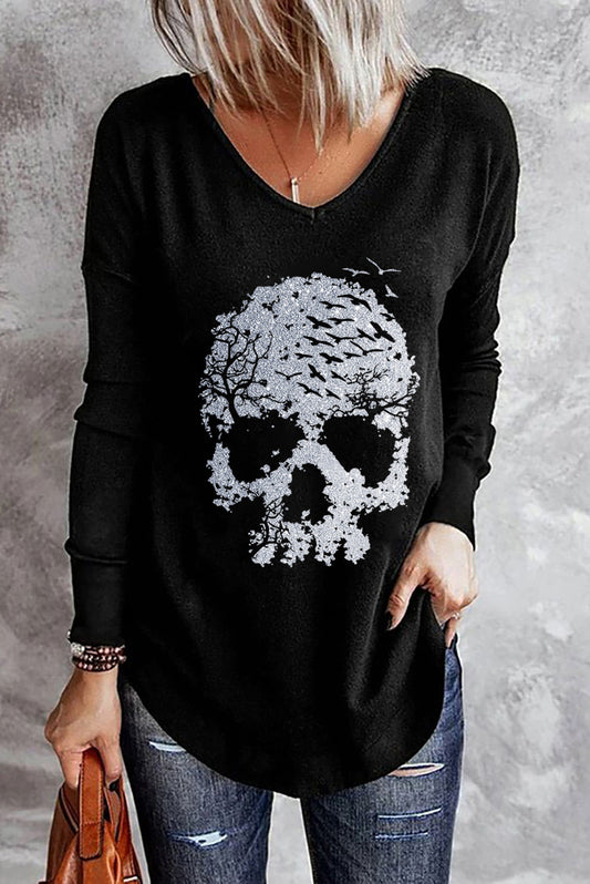 Black Skull Glitter Graphic Print V Neck Long Sleeve Top