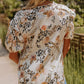Gold Leopard Floral Print Split Neck Puff Sleeve Blouse
