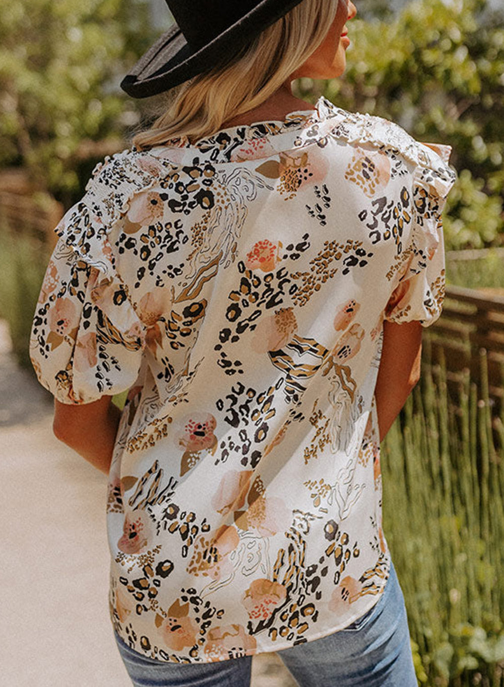 Gold Leopard Floral Print Split Neck Puff Sleeve Blouse