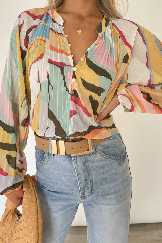 Multicolor Tropical Fish Skin Crinkle Long Sleeve Shirt