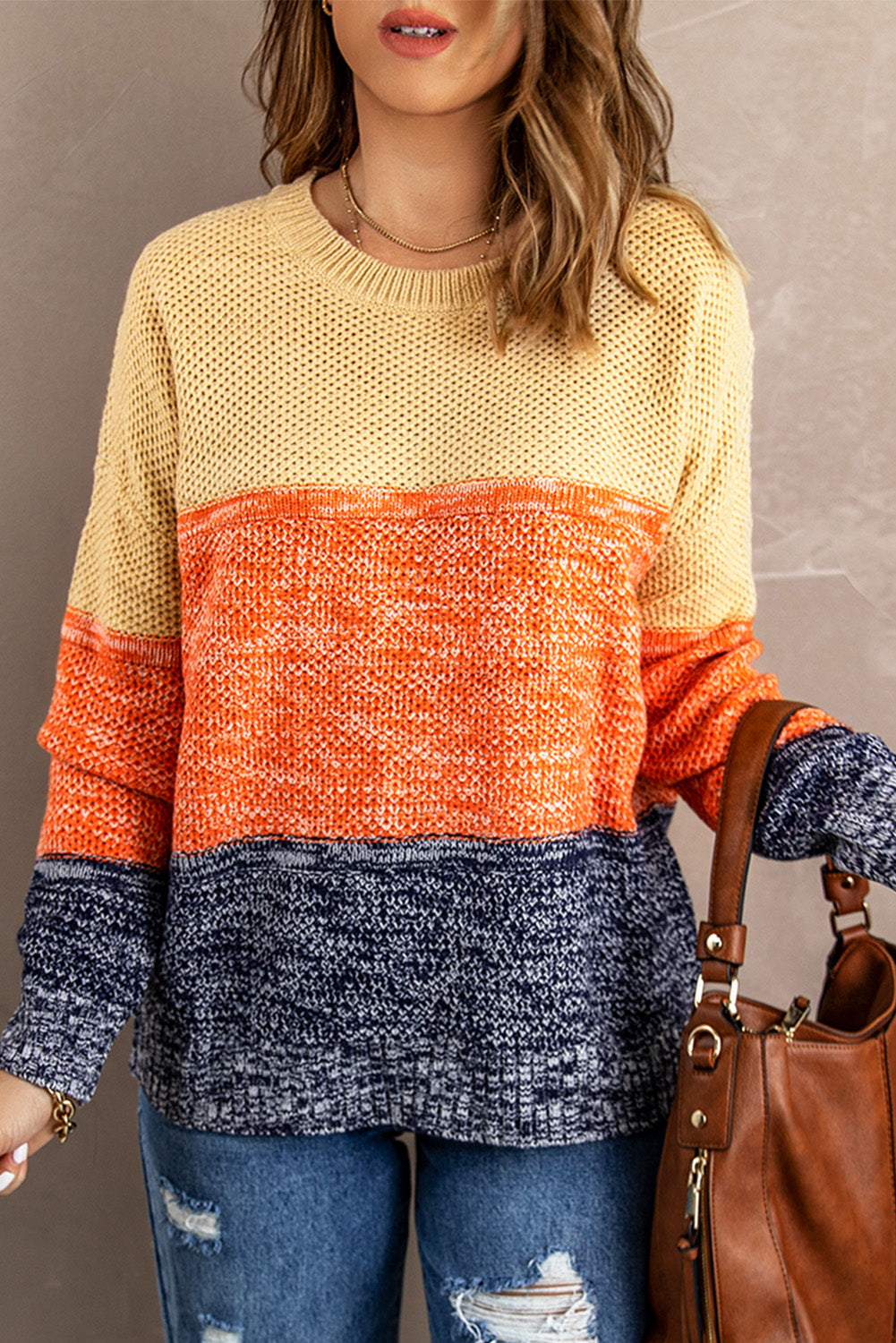 Block Netted Texture Pullover Sweater