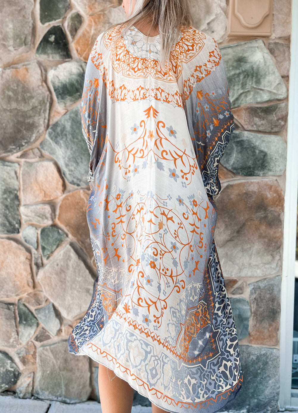 Gray Mandala Fashion Print Half Sleeve Kimono