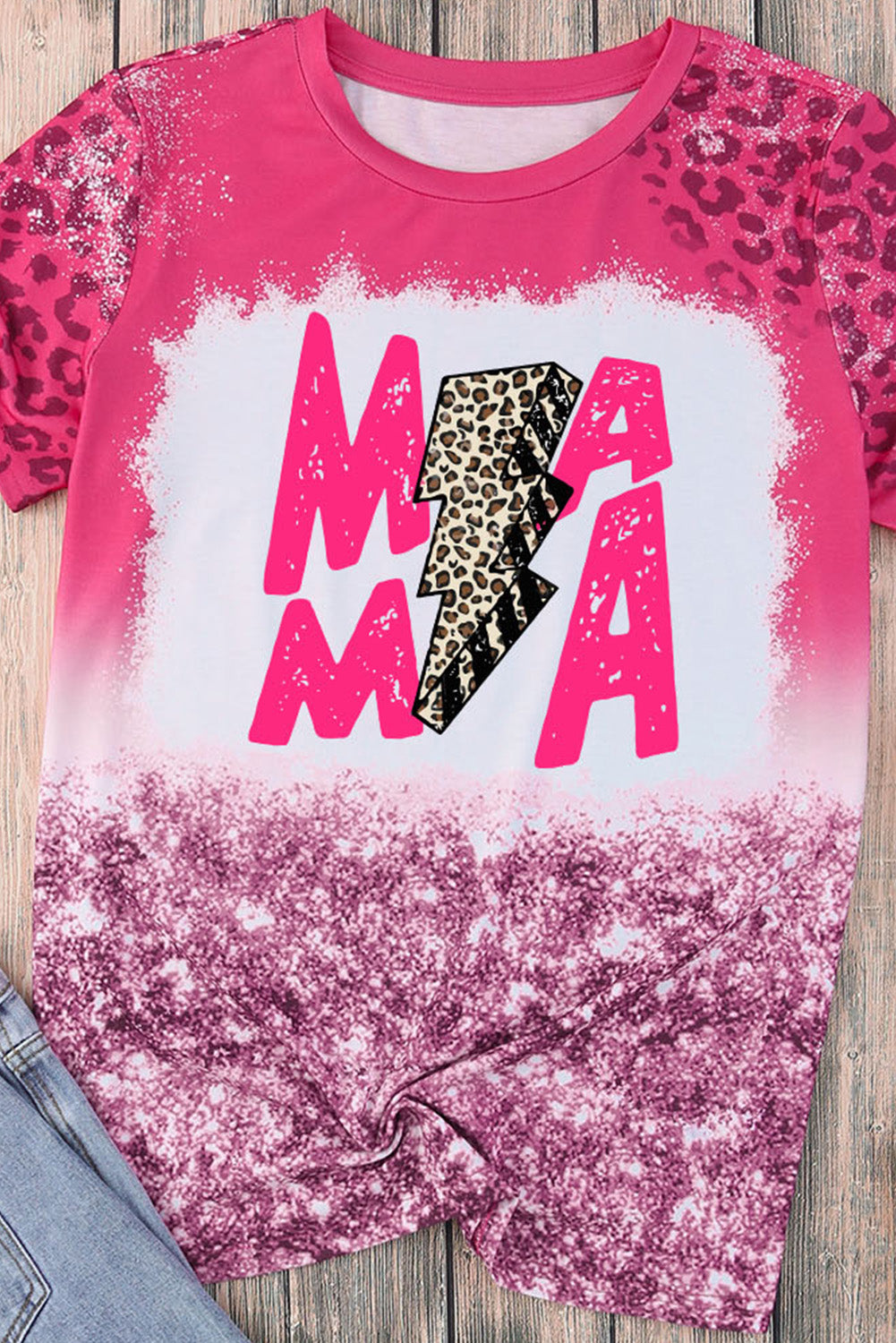 Pink MAMA Lightning Leopard Bleach Print Short Sleeve T Shirt