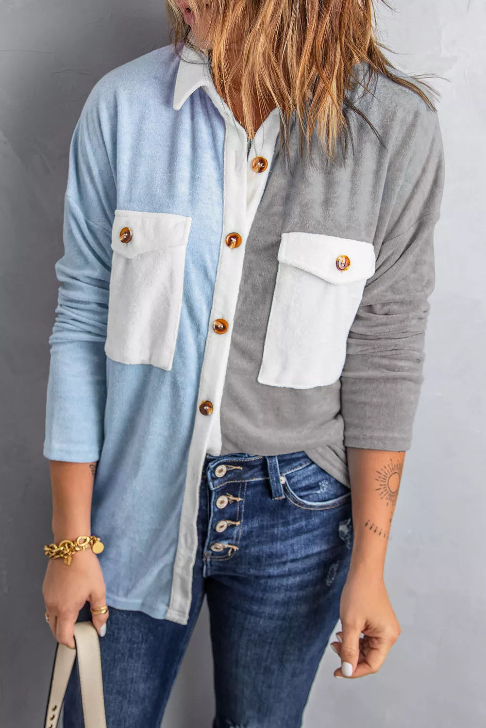 Colorblock Fleece Pockets Buttoned Shirt