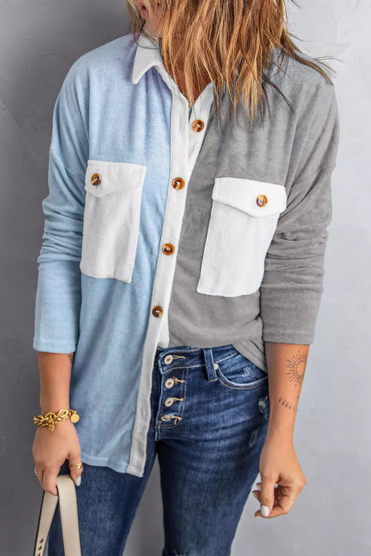 Colorblock Fleece Pockets Buttoned Shirt