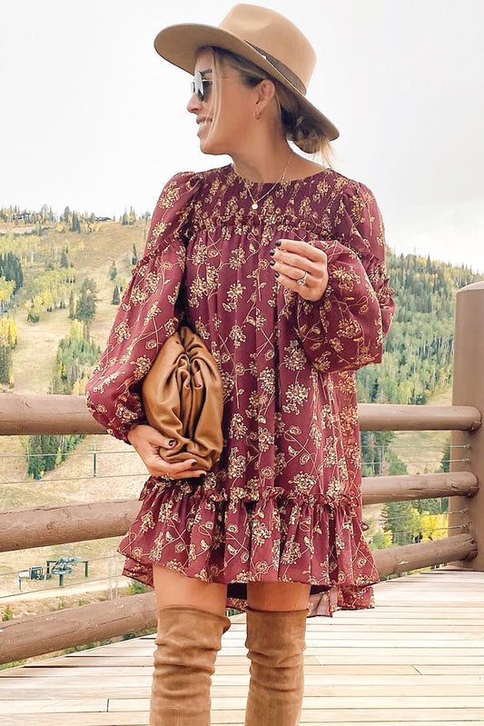 Red Ruffled Puff Sleeve High Low Floral Babydoll Dress