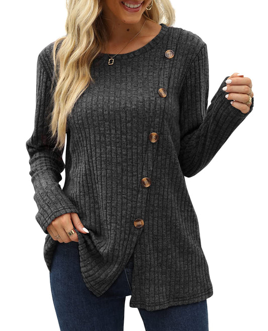 Button Split Knitted Round Neck Long Sleeve Top