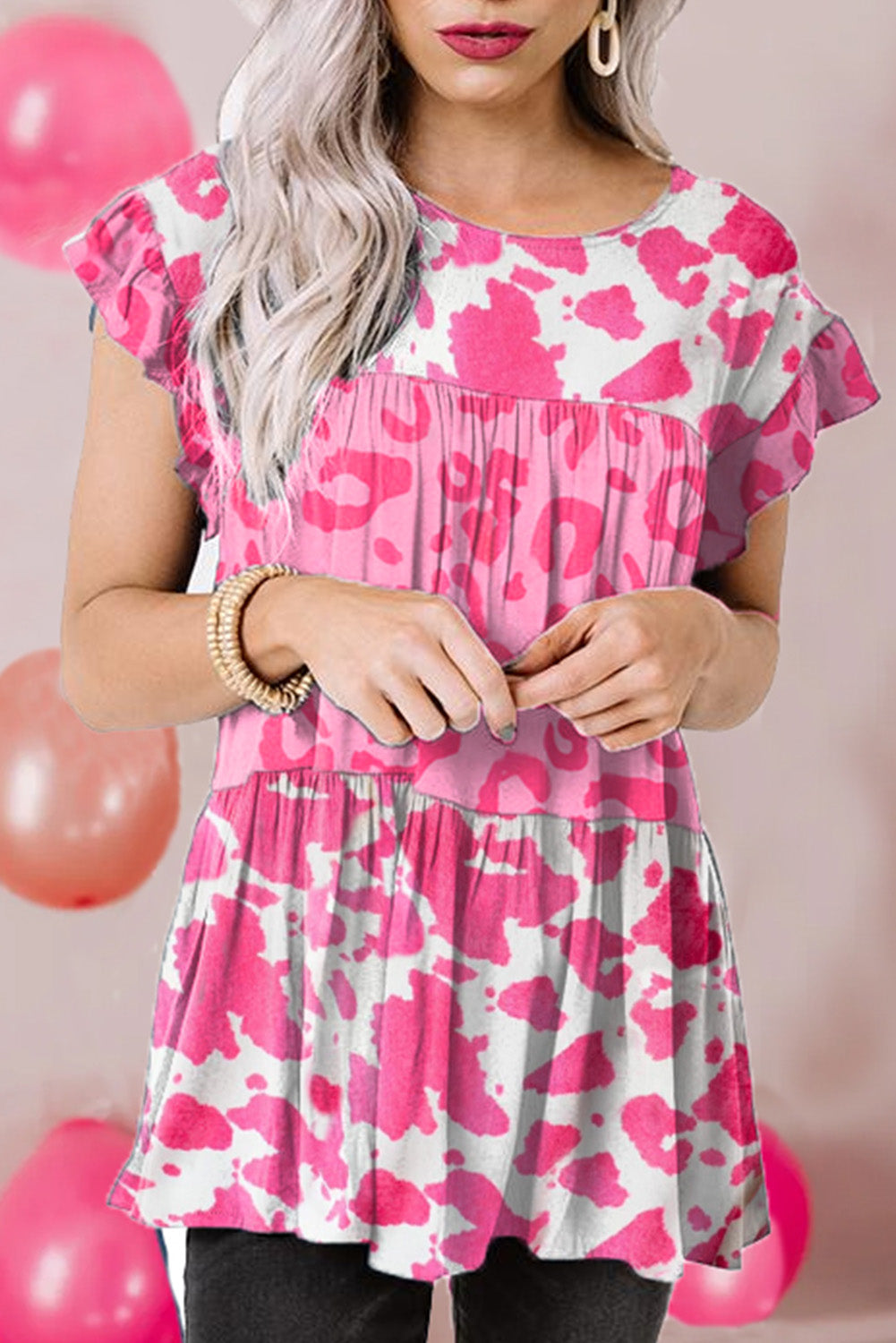 Pink Leopard Cow Spots Tiered Ruffle Blouse
