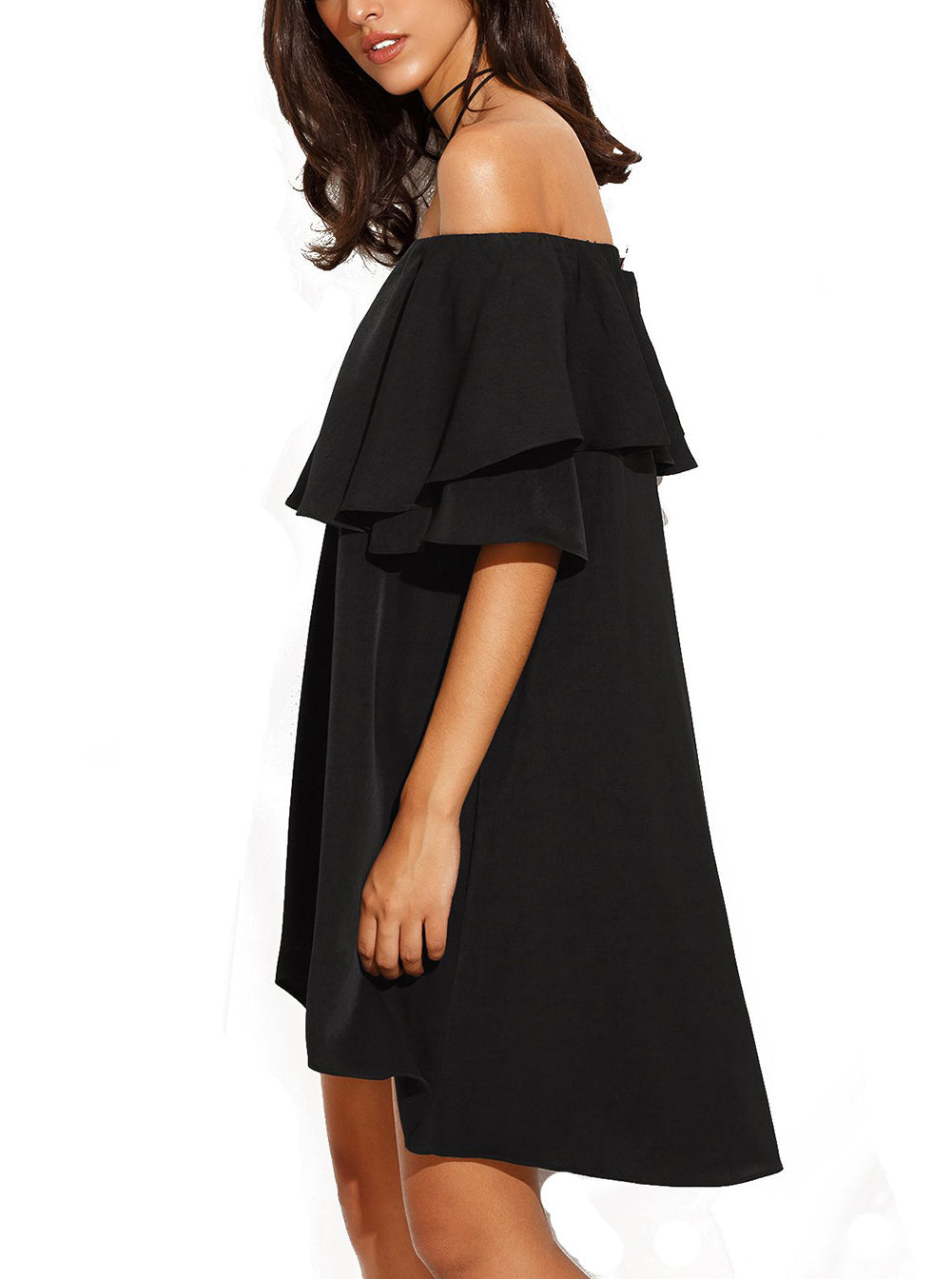 Black Off The Shoulder Ruffle Casual Shift Dress