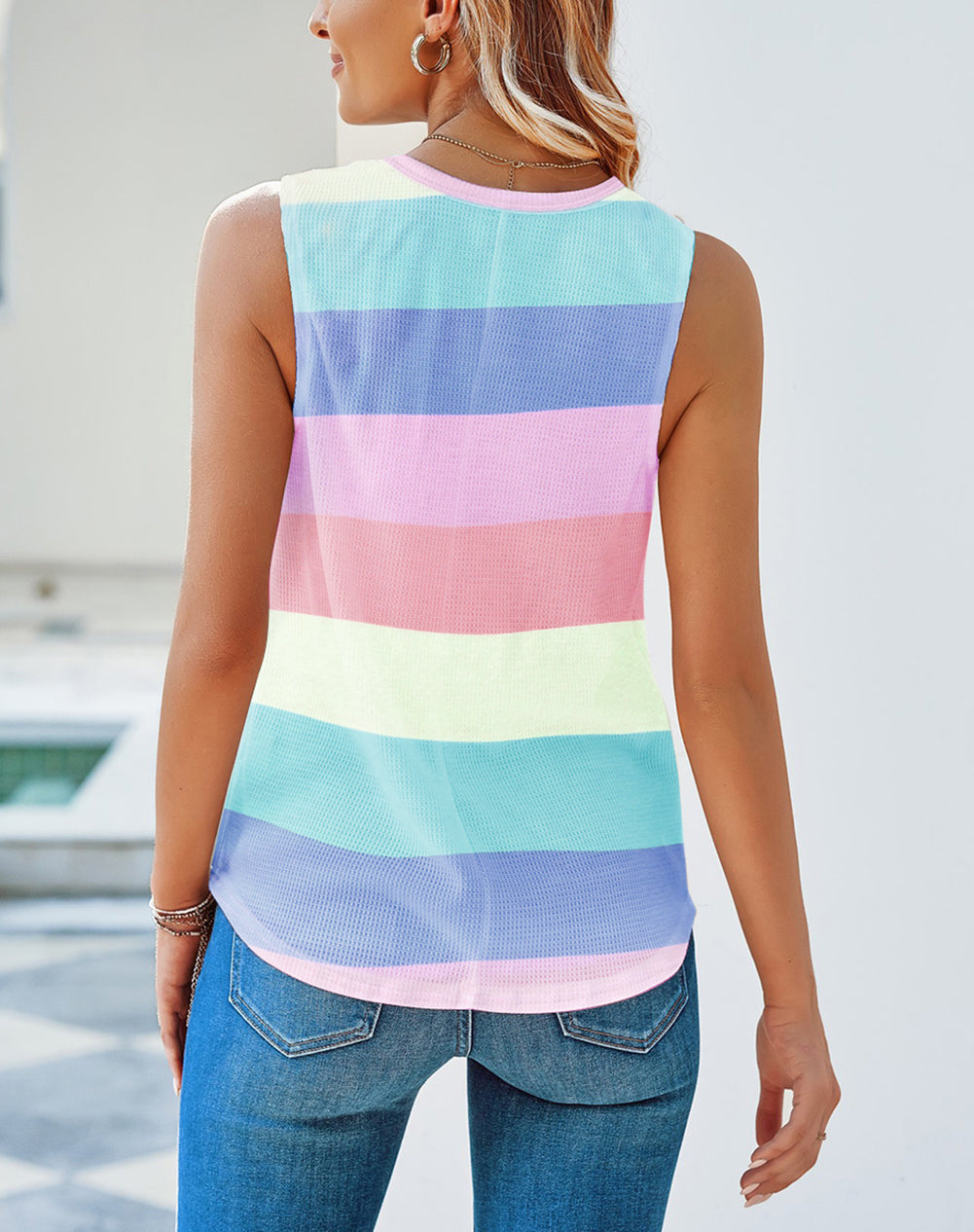 Multicolor Colorblock Striped Waffle Tank Top