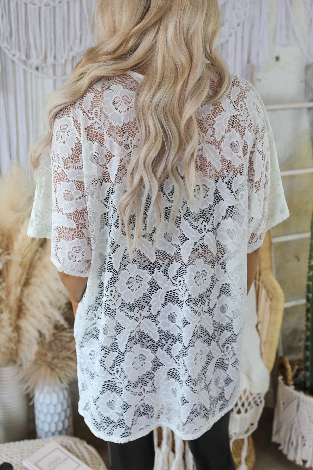 White Floral Lace Crochet Short Sleeve Open Front Kimono