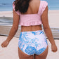 Ribbed Ruched Ruffle Top Printed Bikini Set