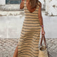 Stripe Print Open Back Sleeveless Maxi Dress with Slits
