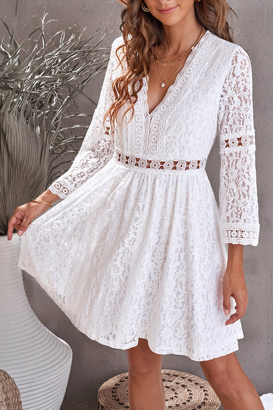 White Lace V Neck See-through Sleeve Mini Dress
