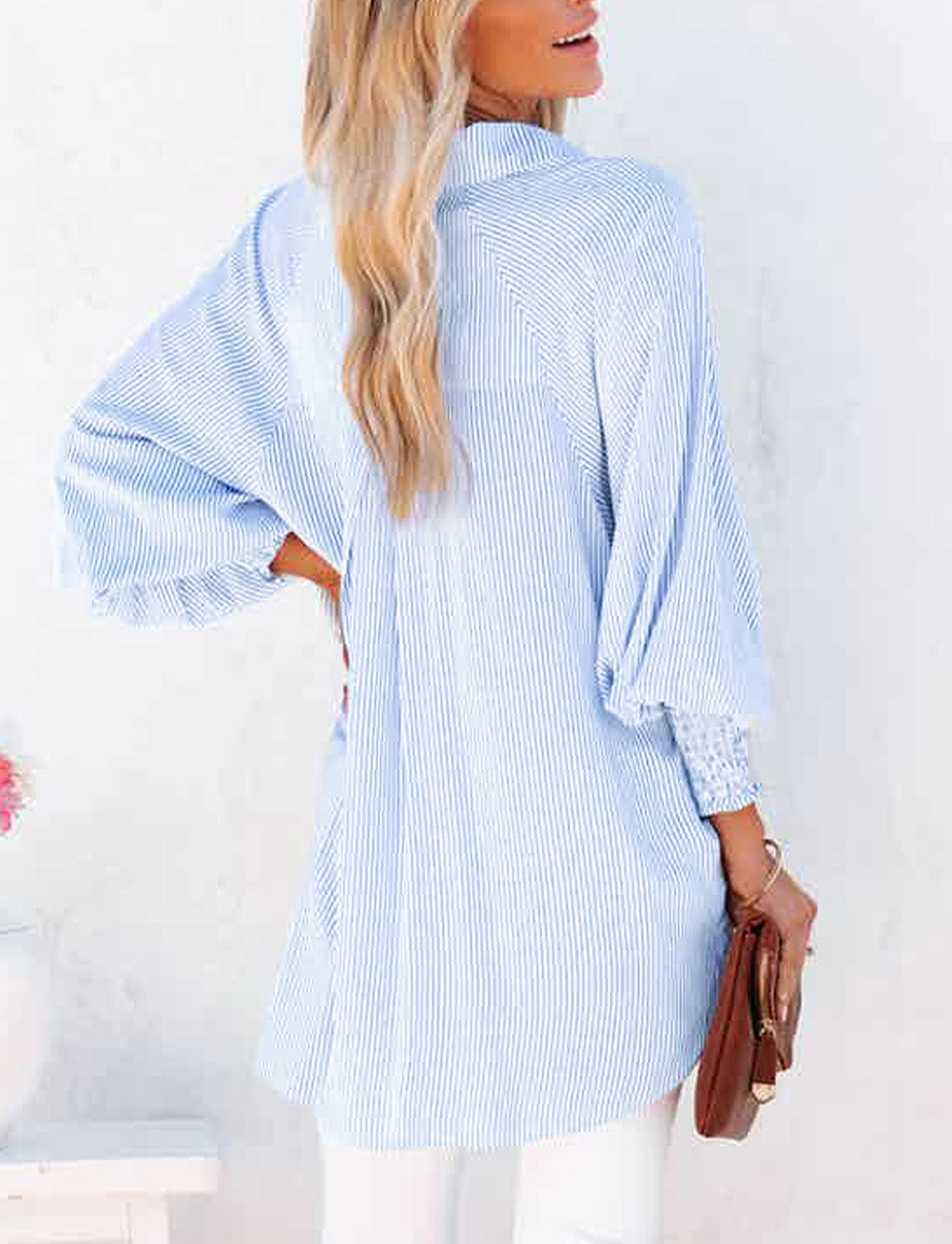 Smocked Cuffed Striped Boyfriend Shirt with Pocket