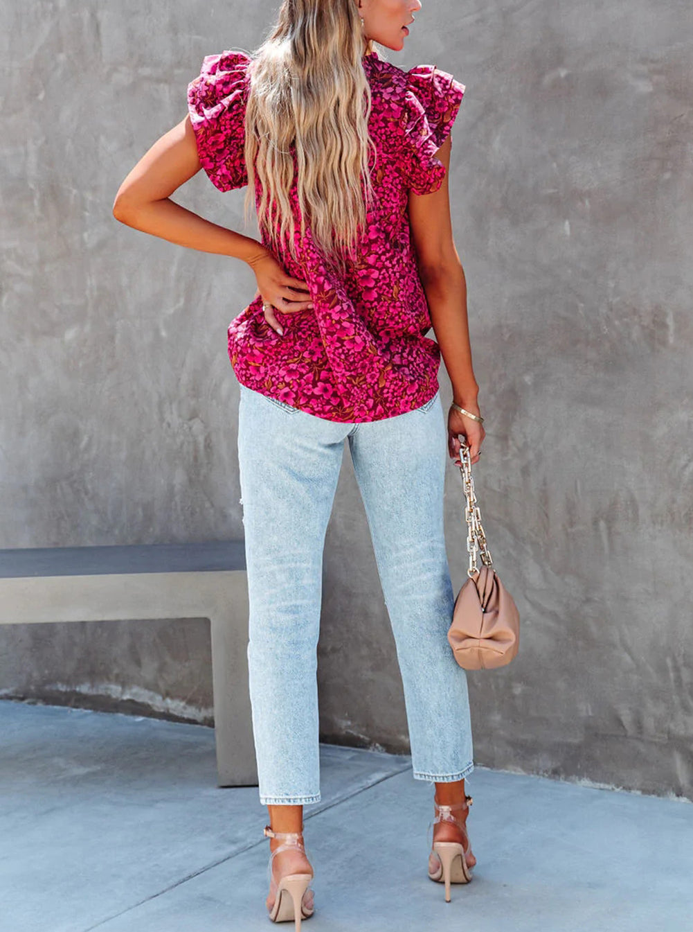 Floral Print Tiered Flutter Sleeve V Neck Top