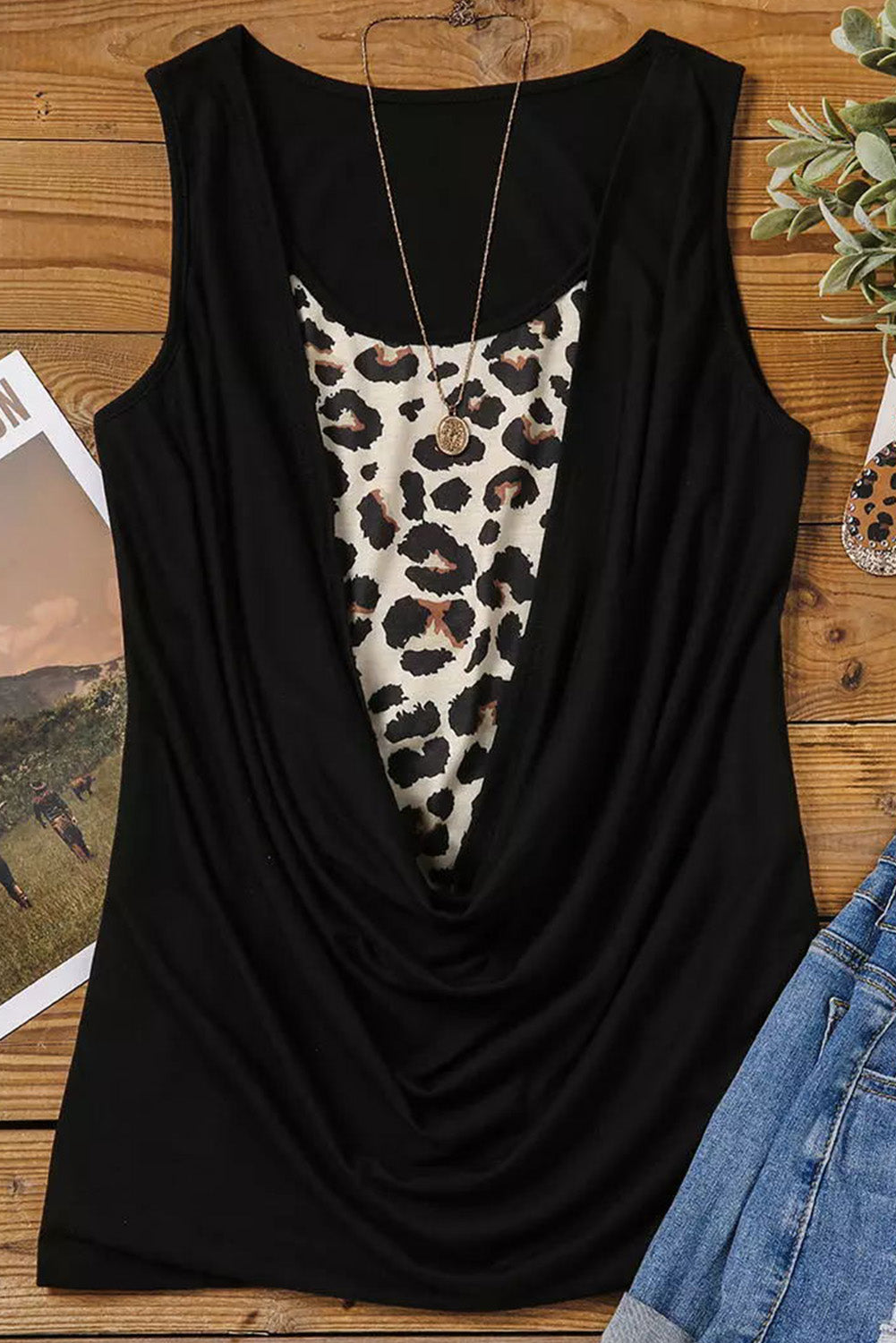 Black Leopard Ruched Fake Two-piece Tank