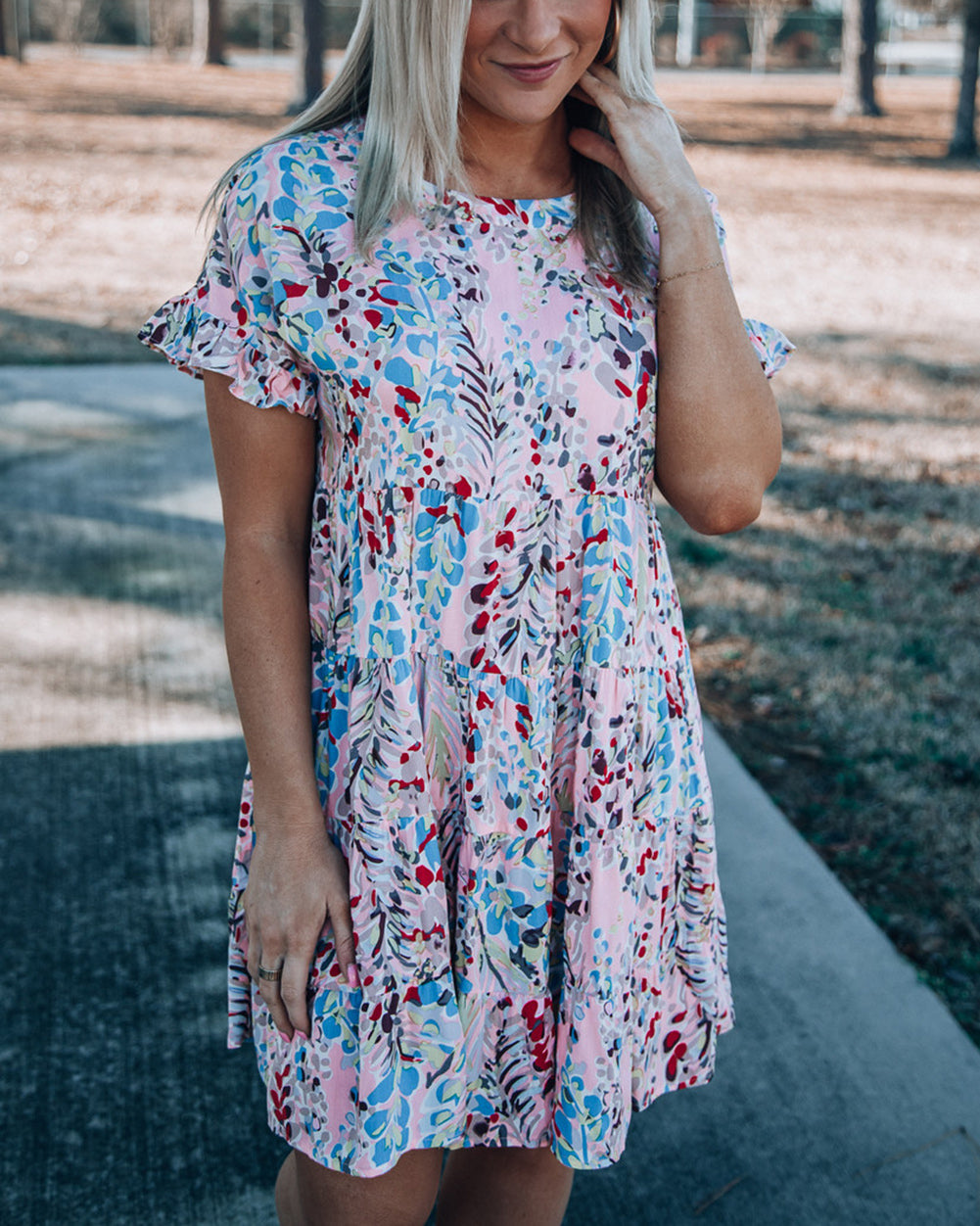 Short Sleeves Floral Print Tiered Ruffled Dress