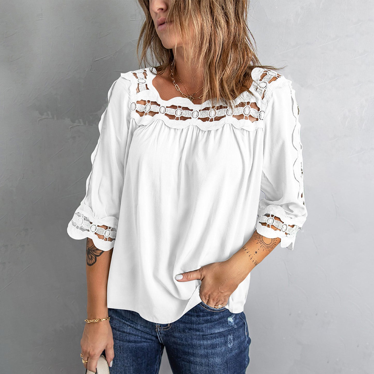 Crochet Trim Hollow-out Blouse