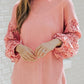 Lace Patchwork Waffle Knit Balloon Sleeve Blouse