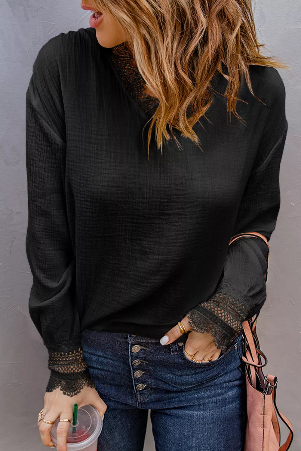 Lace V Neck Cuffed Blouse